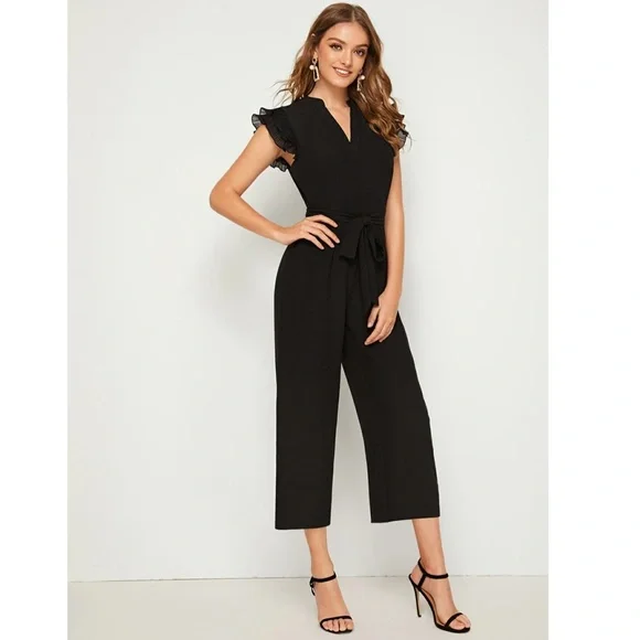 Black Elegant Belted Jumpsuit V-Neck Cap Short Sleeve - Picture 5 of 8
